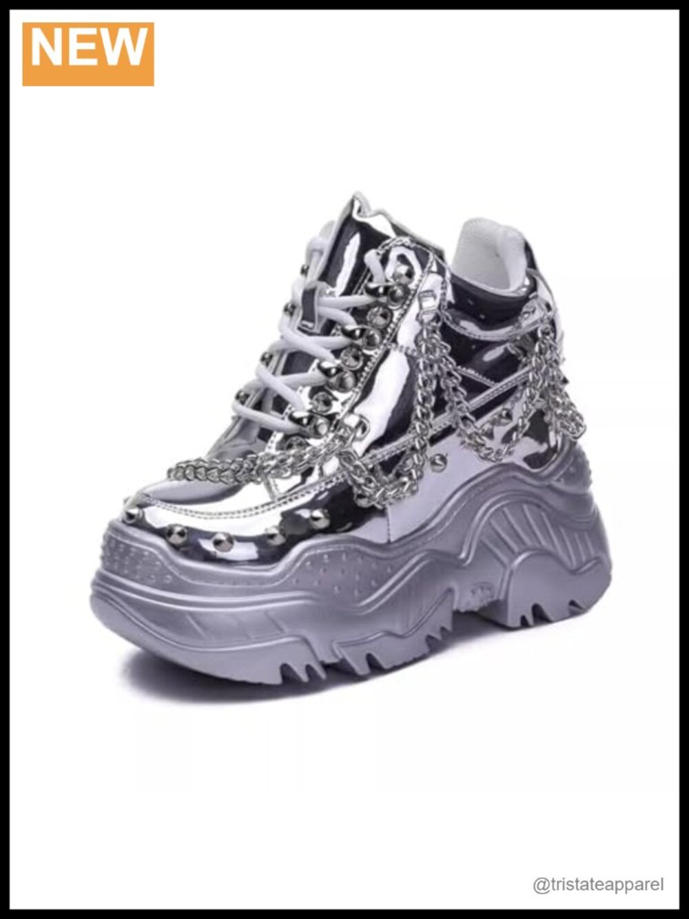Genuine Leather Platform Sneakers Hidden Heel Chain Rivet Lace Up Women